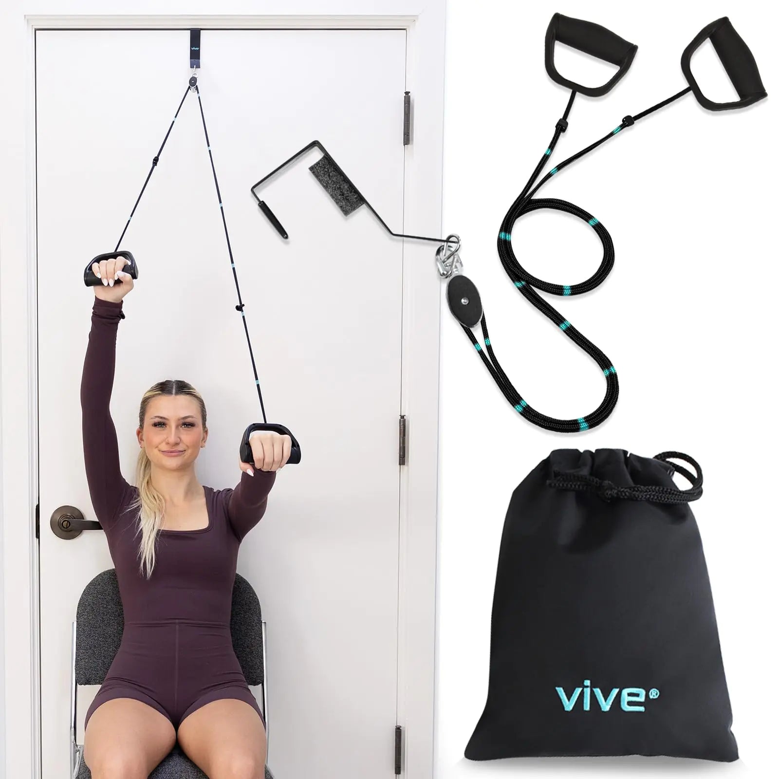 Vive Shoulder Pulley for Physical Therapy with Carry Pouch - Pulleys for Shoulder Rehab Over The Door System - Rotator Cuff Exercise Strengthening Equipment - Overhead Pully Arm Pain Relief Recovery